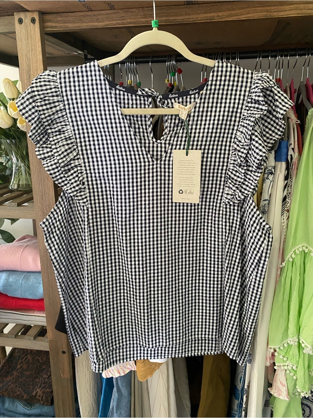 BARBOUR Navy & White Gingham Ruffle Sleeve Top! ⚓️